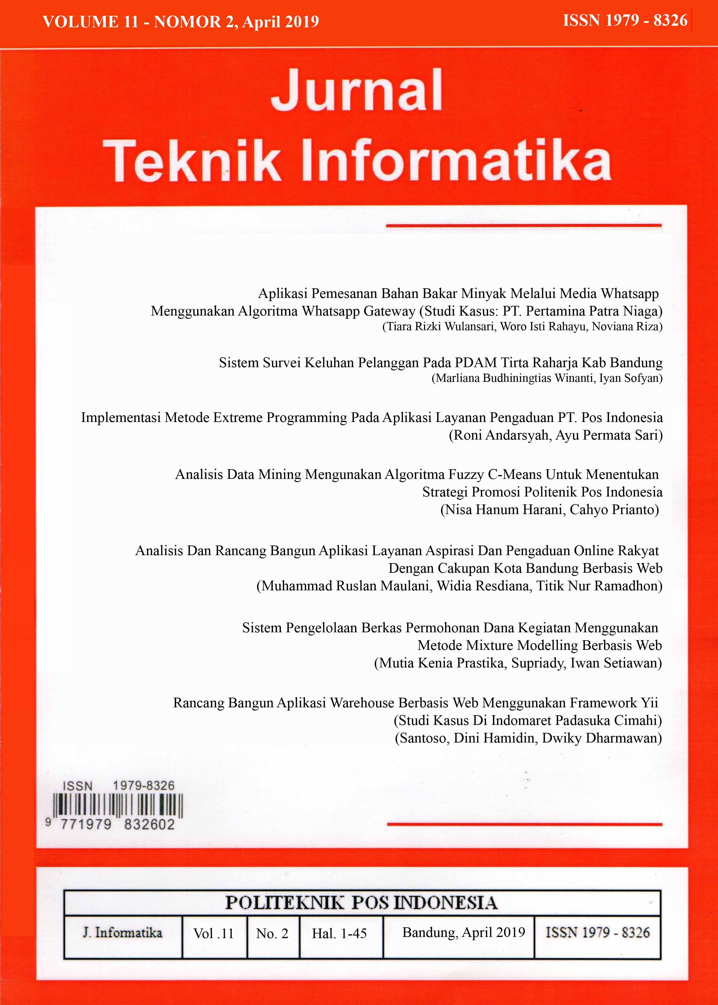 					View Vol. 11 No. 2 (2019): Jurnal Teknik Informatika Volume 11 - Nomor 2, April 2019
				
